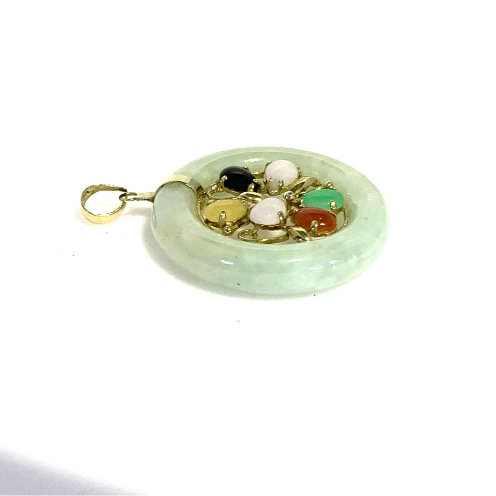 VINTAGE 14K SOLID YELLOW GOLD GENUINE JADEITE & ONYX PENDANT Green - Image 5
