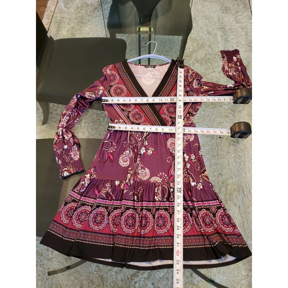 Venus Women's Size M Purple Paisley Print Belted Dress Polyester Spandex - Image 13