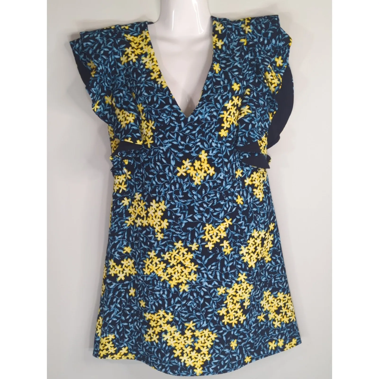 Zara Blue & Yellow Floral Ruffle Sleeve Crepe Mini Dress SMALL Preppy Prairie - Image 3