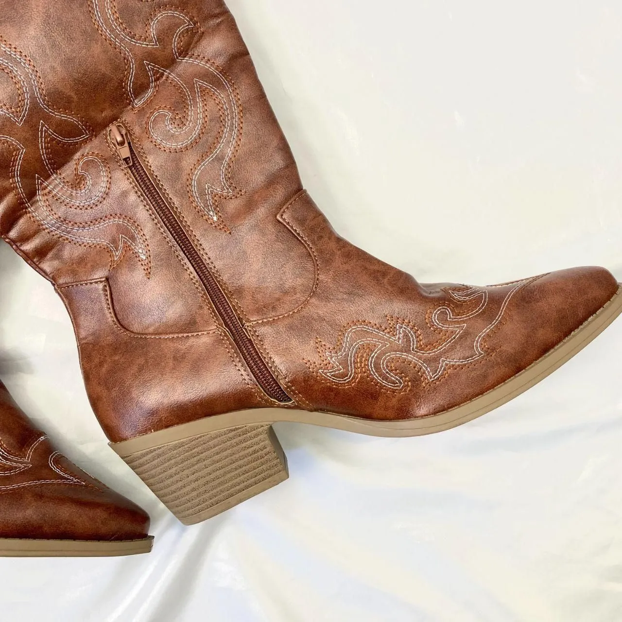 NEW Western Cowgirl Brown Tan Wide Calf Flame Stitched Cowboy Boots US 12.5 - Image 5