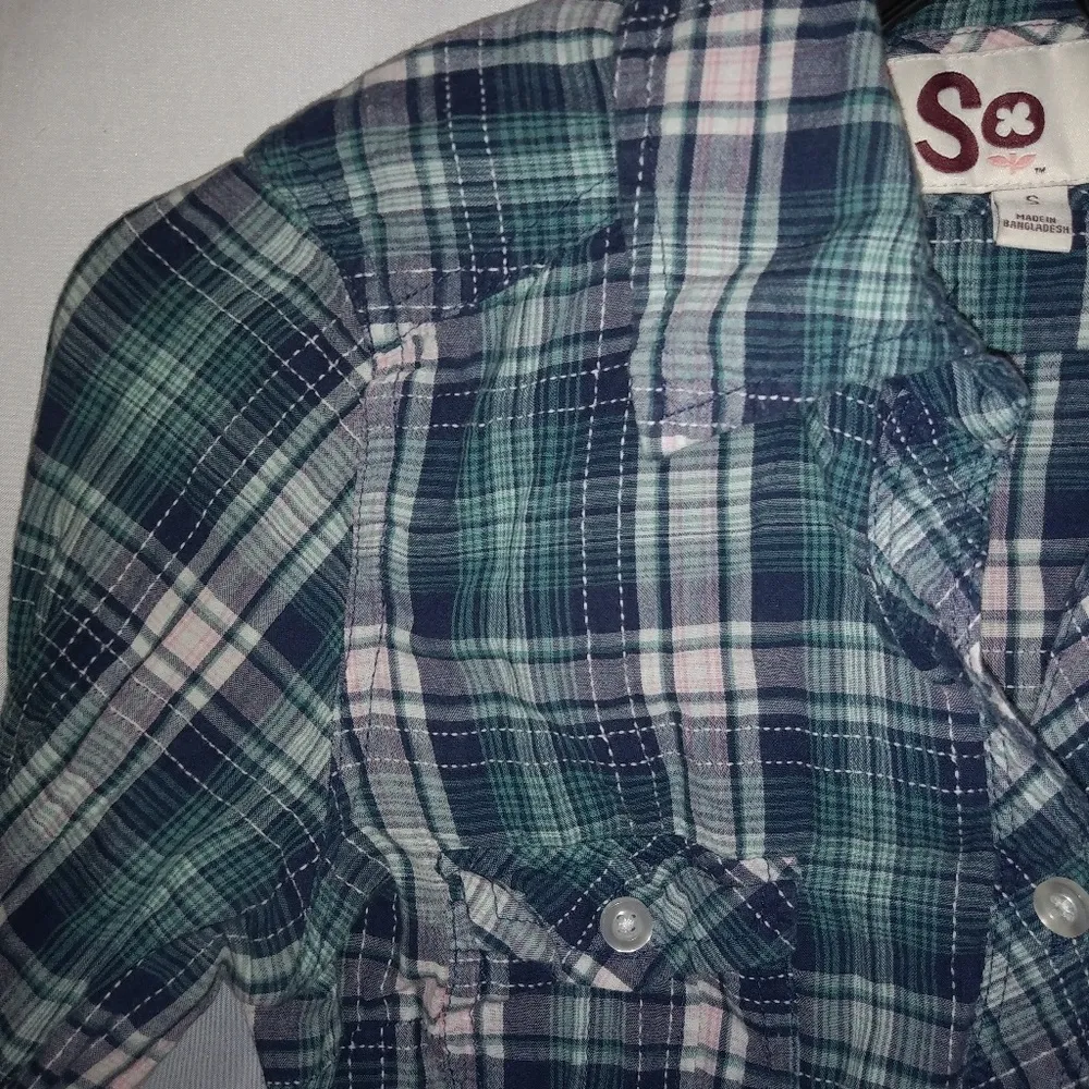 SO S Turquoise Navy Plaid Pocketed Shirt Top - Image 2
