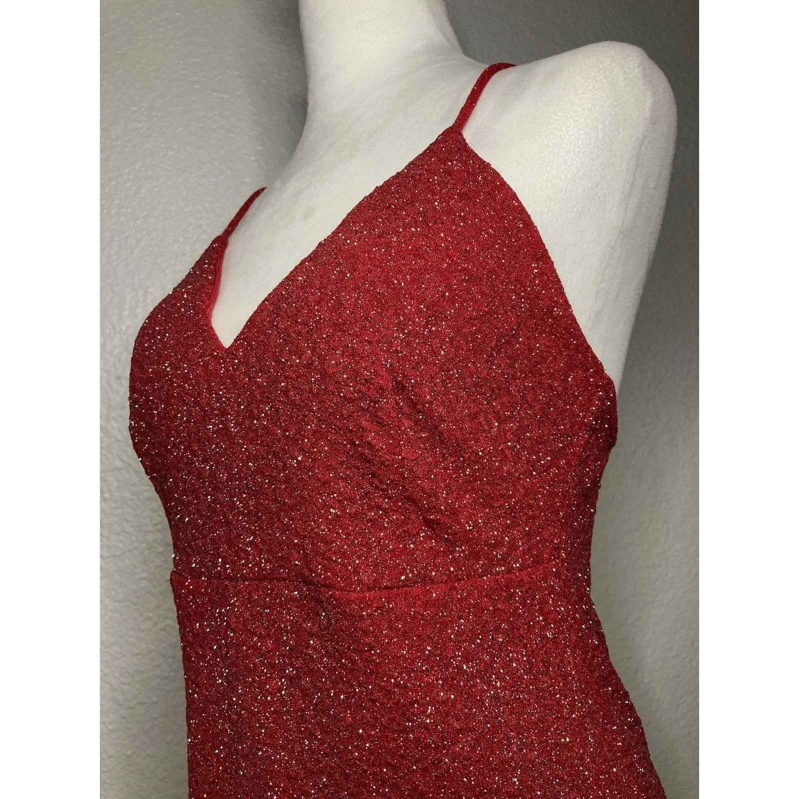 Red Cami Slip Mini Dress L Spaghetti Strap Tank Bodycon Shimmer Cocktail USA - Image 8