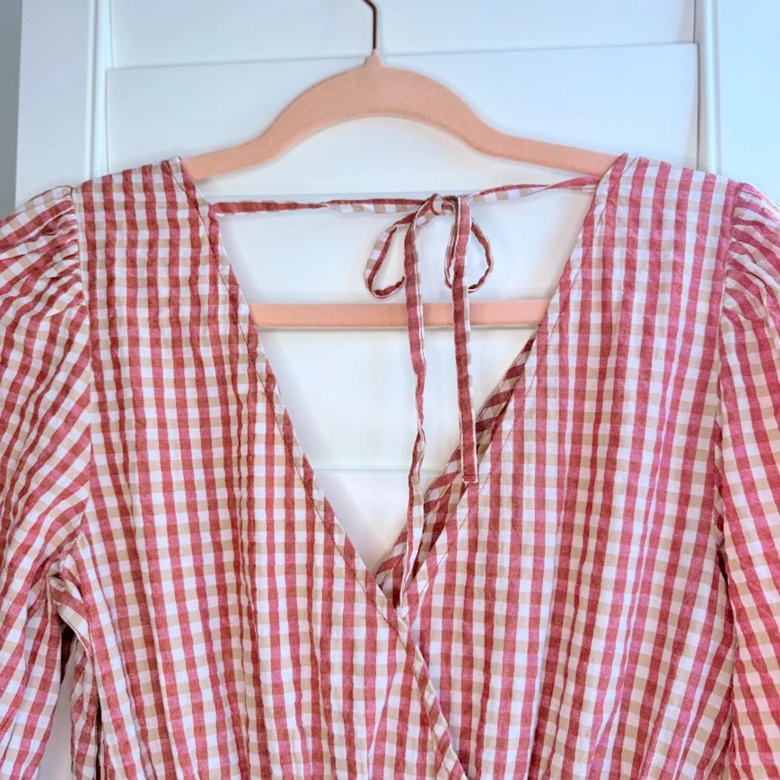 MANGO Vichy Red Gingham Mini Dress with Puff Sleeves & Tiered Skirt size XS - Image 5