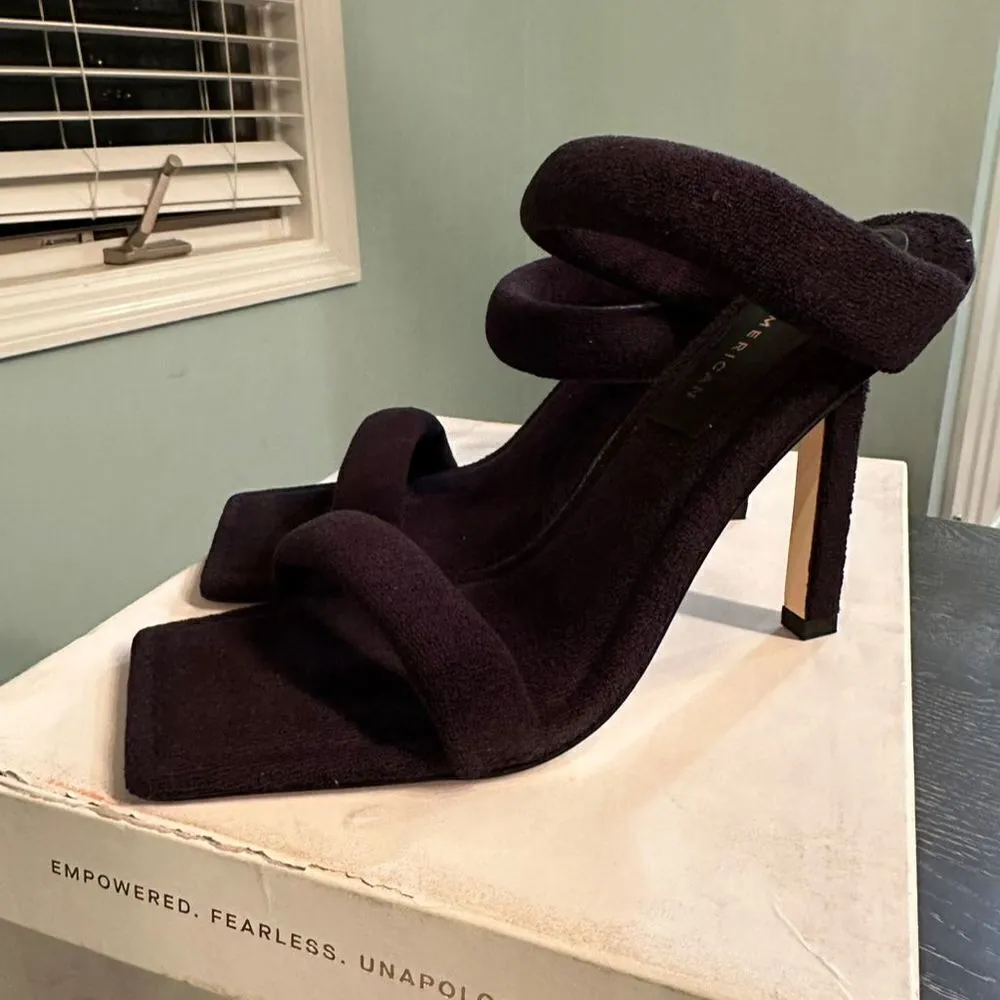 Good American Black Terry Strappy Stiletto Heels Gold Detail Size 9.5 Buckle - Image 2