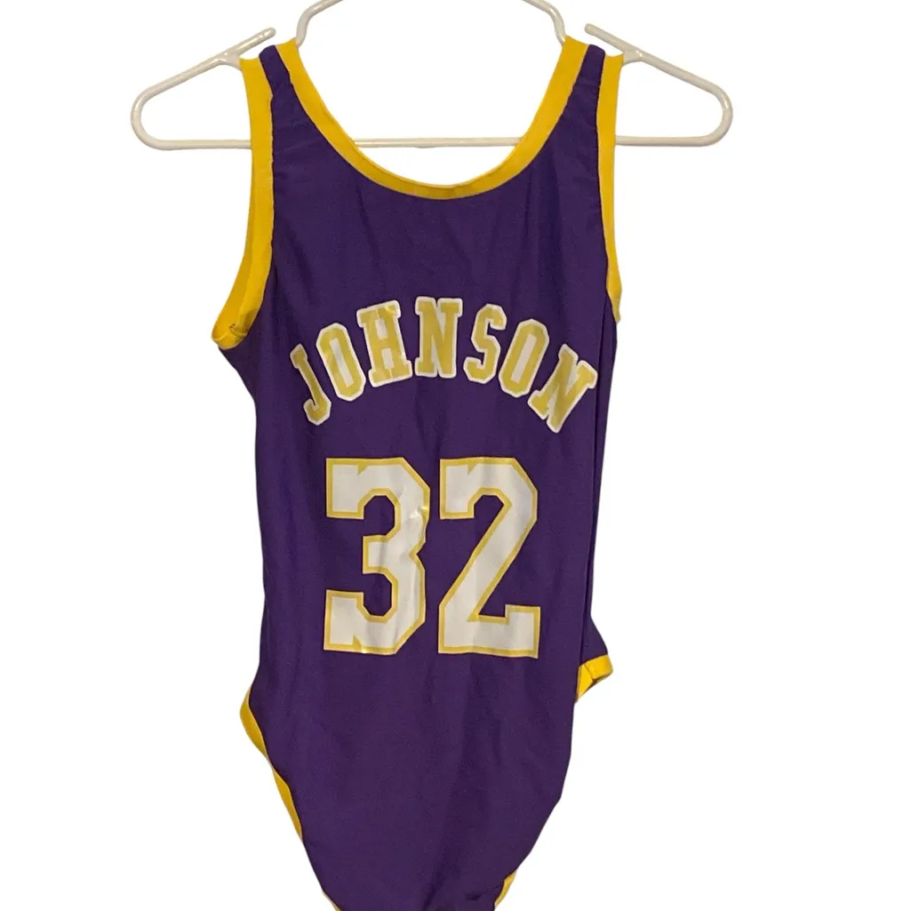Lakers New #32 Johnson Purple Yellow bodysuit swimsuit sporty halloween costume - Image 5