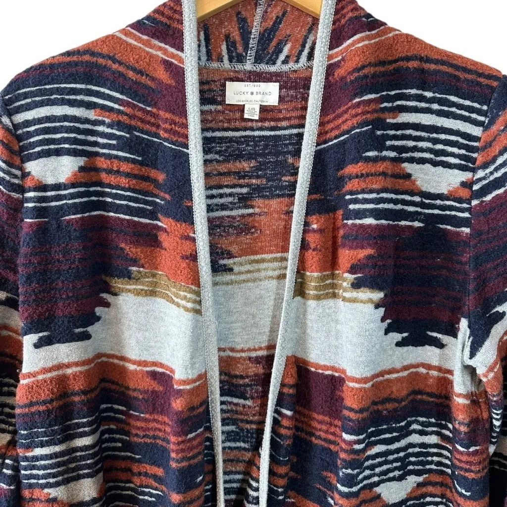 Lucky Brand Southwest Fringe Cardigan Size Large Navy Copper Burgundy Gray - Image 4