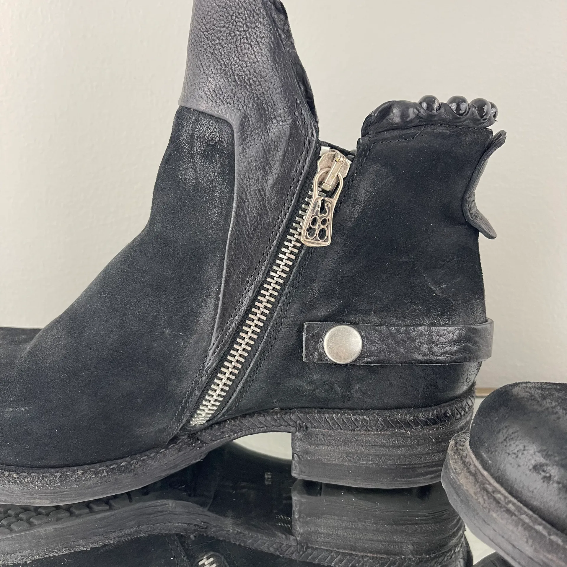 Black Nubuck Suede Leather Airstep Biker Pearl Bead Studded Ankle Booties - Image 9