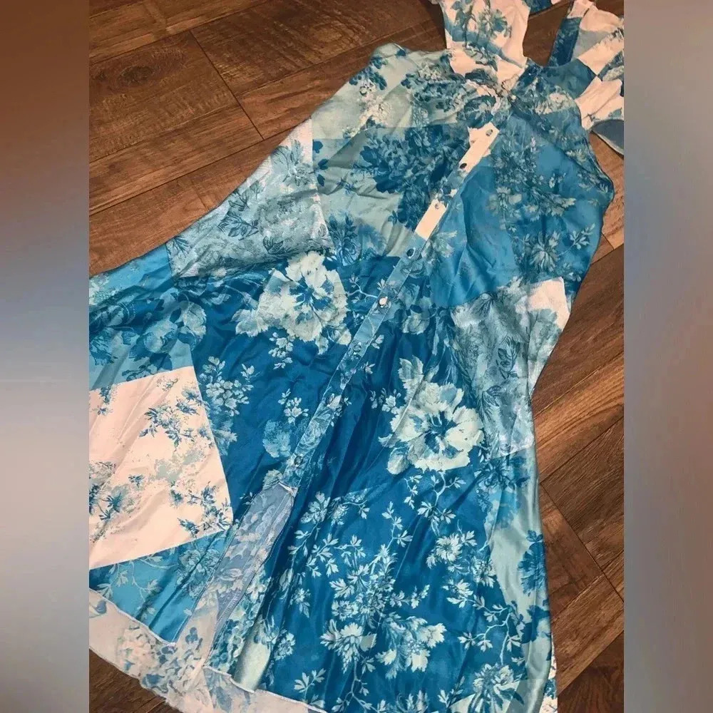 ASOS DESIGN satin midi dress button spring boho cutout in patchwork blue floral - Image 7