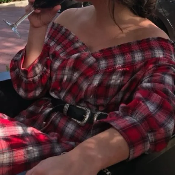 Nasty Gal Red Plaid Flannel Off-Shoulder Oversized Shirt Dress Size Small S - Image 13