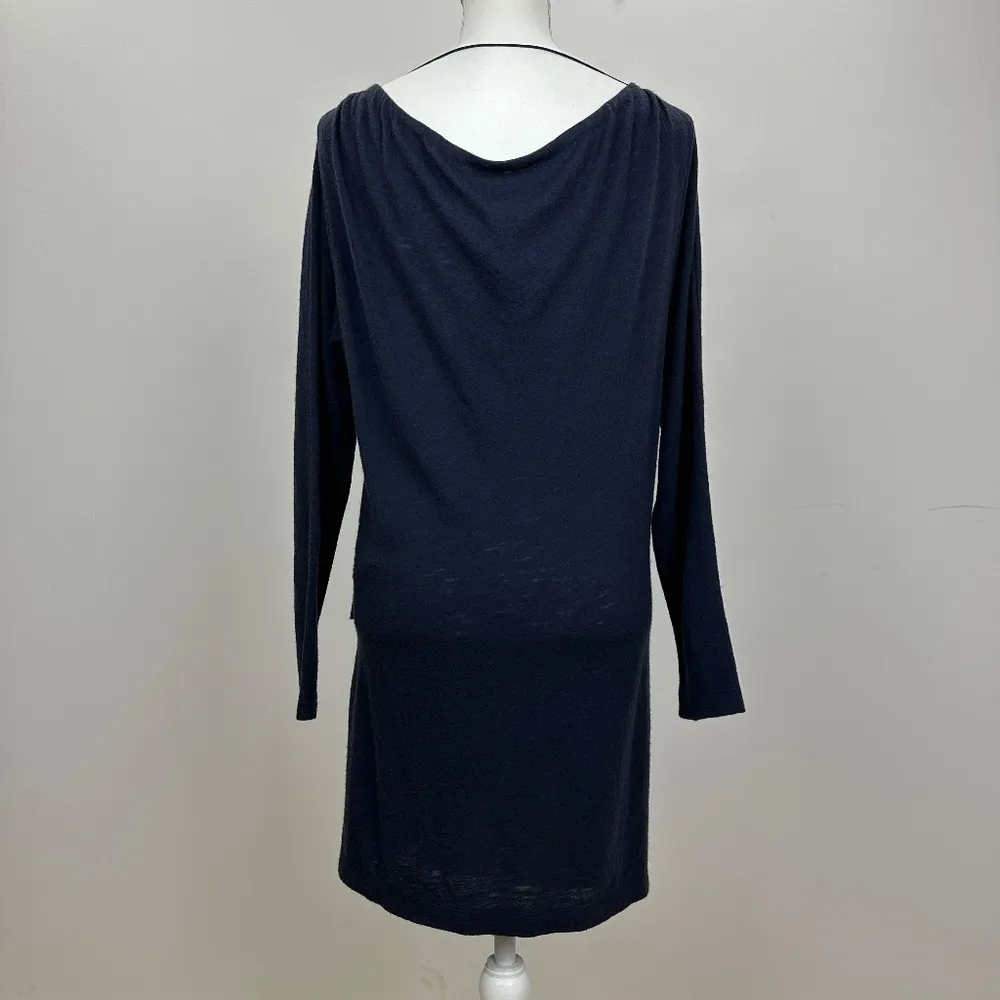 Hanii Y Wool Dress Long Sleeve Draped Navy Blue Round Neck Minimalist Medium. - Image 3