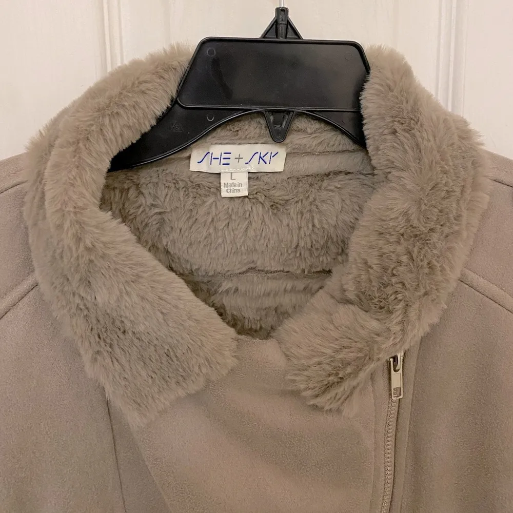 She + Sky Faux Suede and Faux Fur Moto Jacket in Tan - Image 5