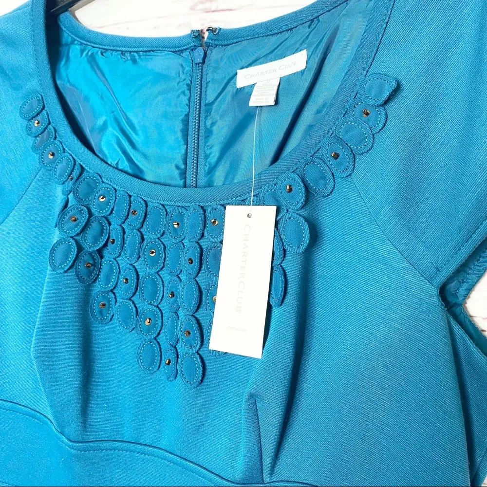 NWT Charter Club Teal Blue Sheath Dress Size 8 Medium Embellished Neckline - Image 7