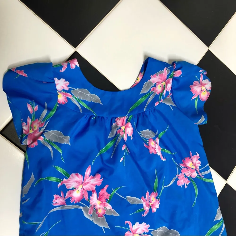 Vintage 70s 80s Helena’s Hawaiian Floral Luau Mini Dress Boxy Oversized Cerulean Blue Size L - Image 4