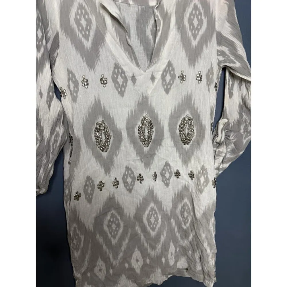 Swim Cover Up Geometric Grey White Gem Embellished Lightweight Sheer Roll Sleeve Size M - Image 4