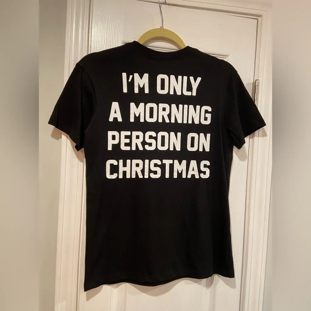 NWOT Peanuts Size XS Black Snoopy Graphic Tee Shirt Only Morning Person On Xmas - Image 2