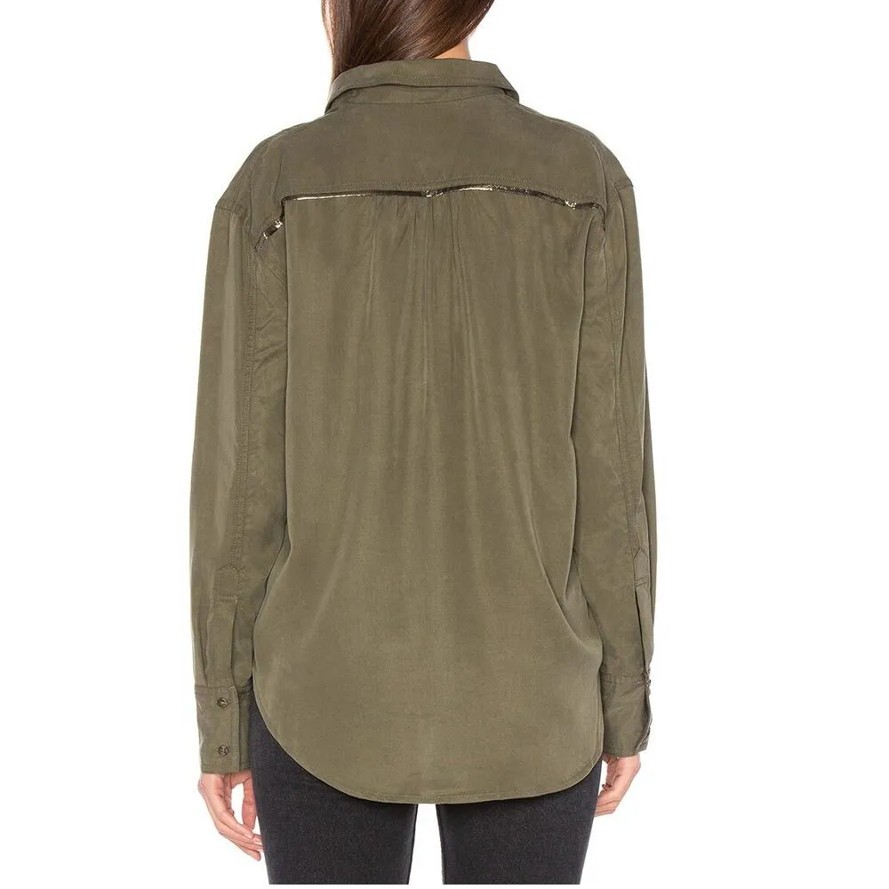 Free People Off Campus Shirt Womens XS Moss Green Tencel Metallic Boho Utility - Image 5