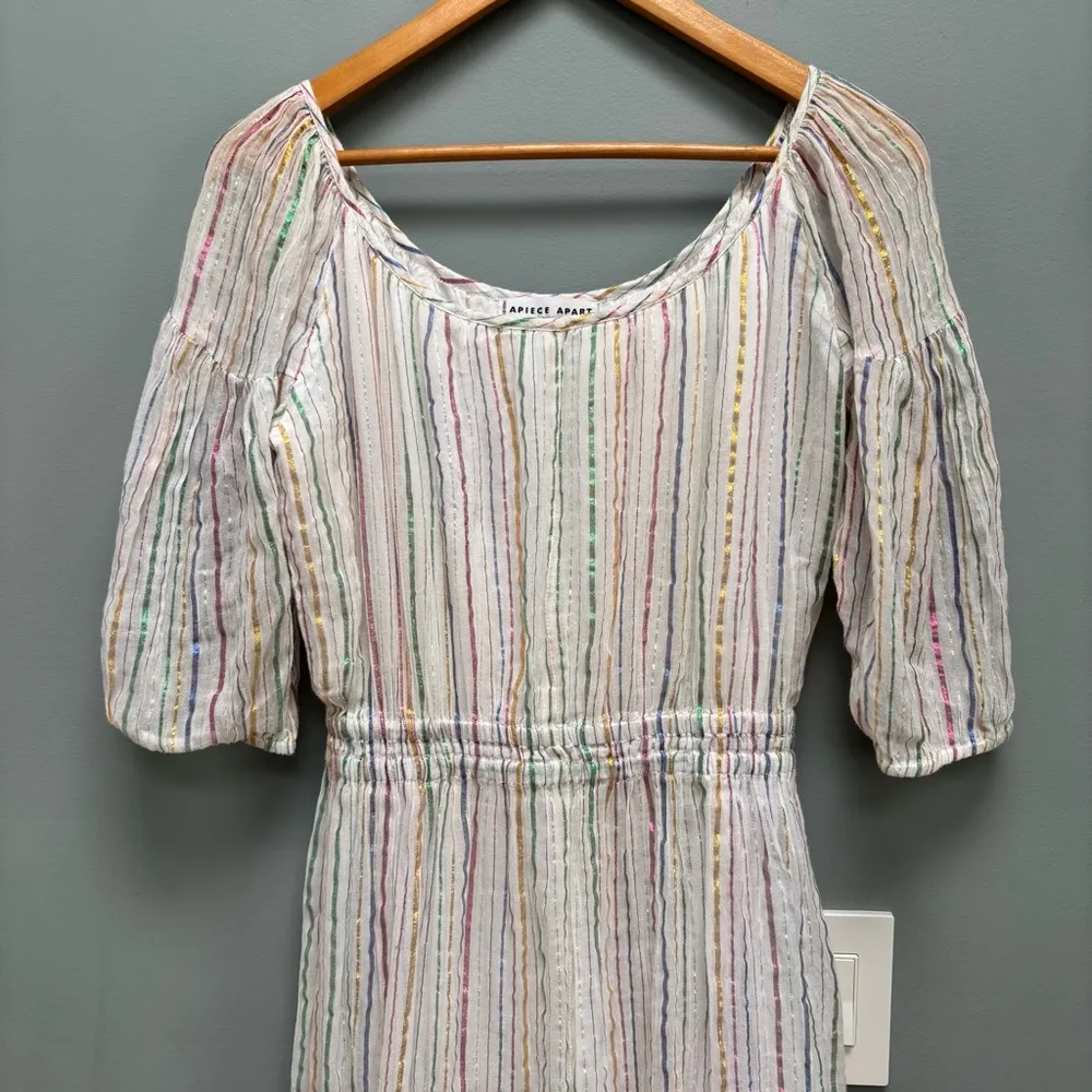 APIECE APART Short Sleeve Midi Dress in White / Metallic Stripes 0 - Image 3