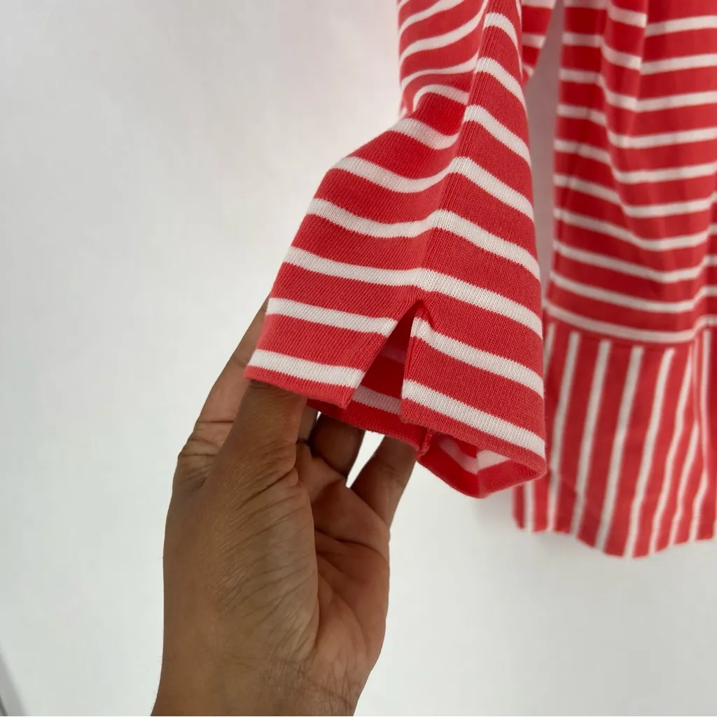 C Wonder Coral & White Striped Zip Front 3/4 Sleeve Collarless Round Neck Jacket - Image 4