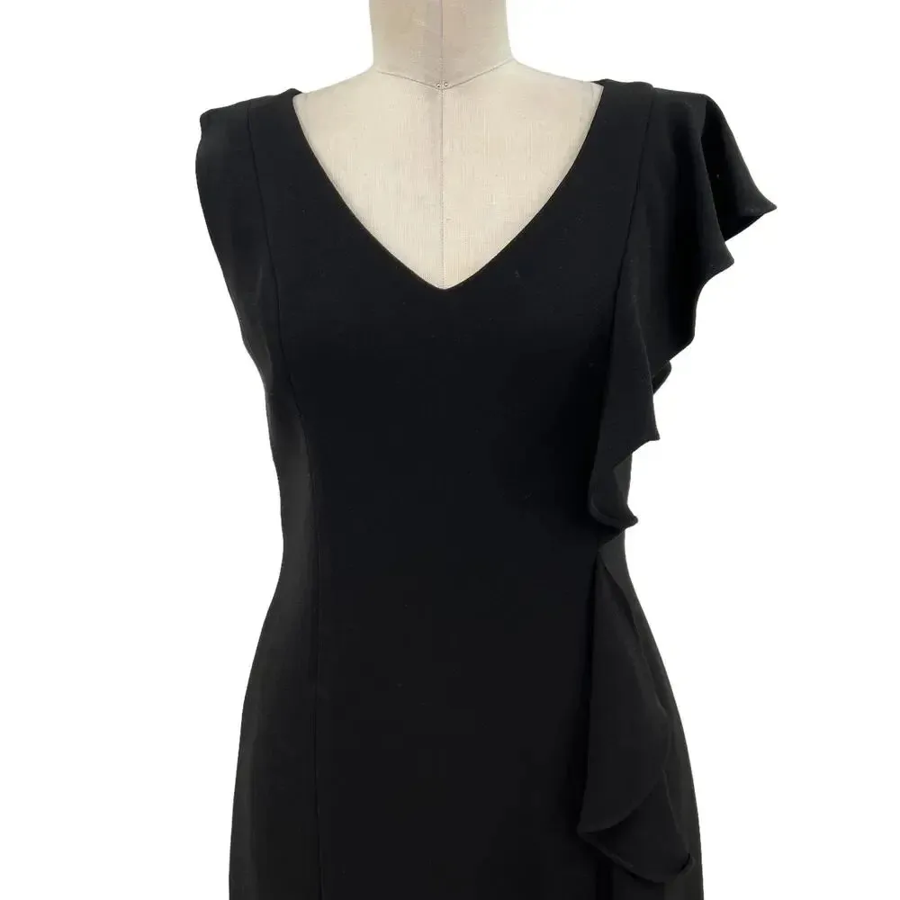 Rickie Freeman‎ for Teri Jon Black Asymmetric Ruffle Sleeve Sheath Dress Size 6 - Image 3