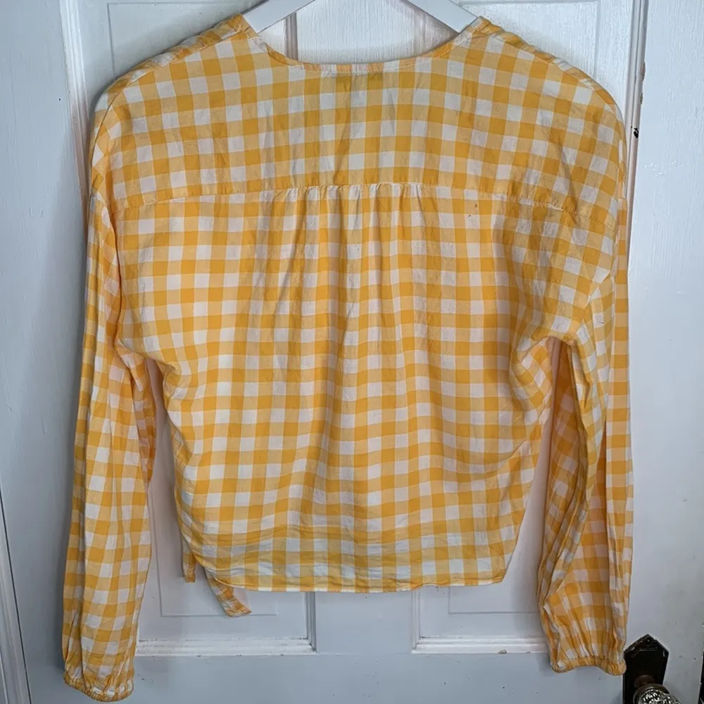 Madewell Long-Sleeve Sash-Tie Wrap Top in Yellow Gingham Check W-499 Sz XS - Image 12