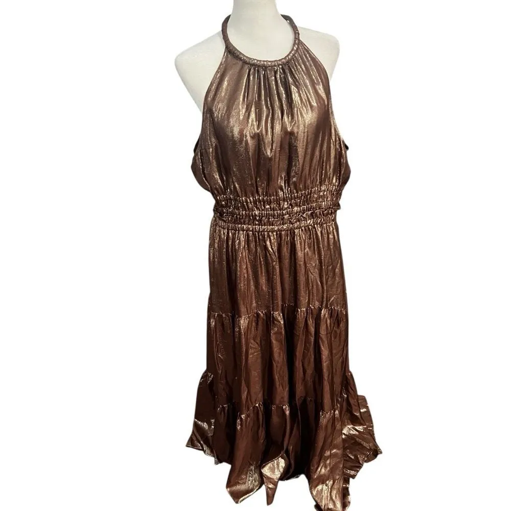 A.L.C. Elara Silk Blend Metallic Tiered Maxi Dress Bitter Chocolate Sz 14 - Image 9