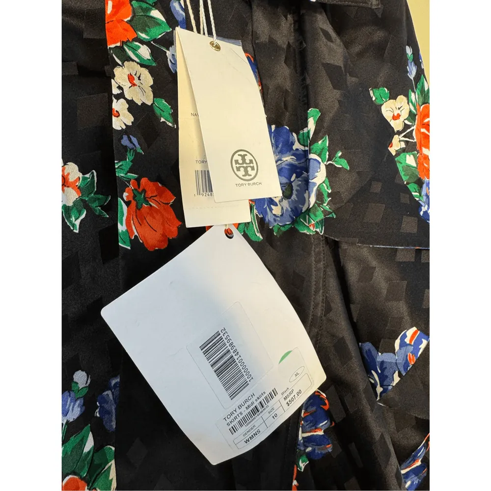 Tory Burch NWT Ruffled Floral Silk Jacquard Skirt in Navy Tea Rose Size 10 - Image 4