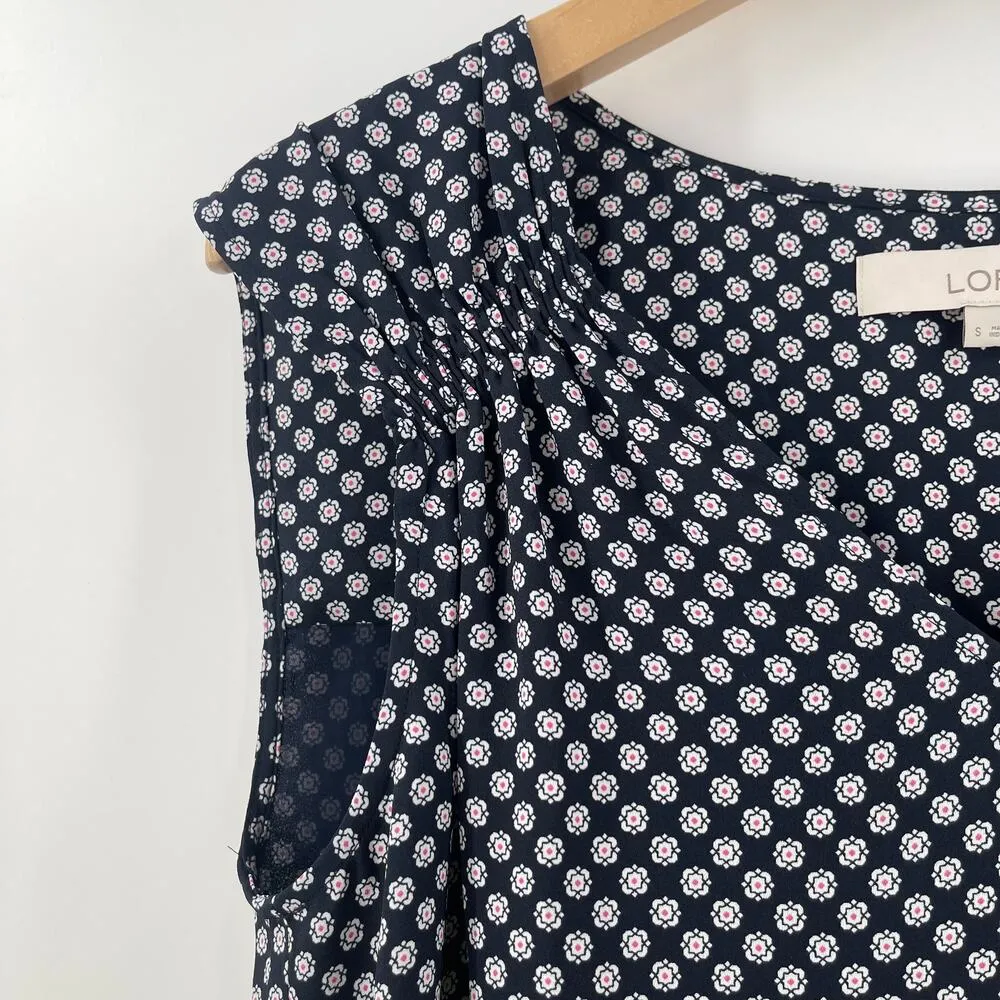 LOFT ANN TAYLOR Tank Blouse Size Small Abstract Floral Detail Navy Boxy Flowy - Image 5