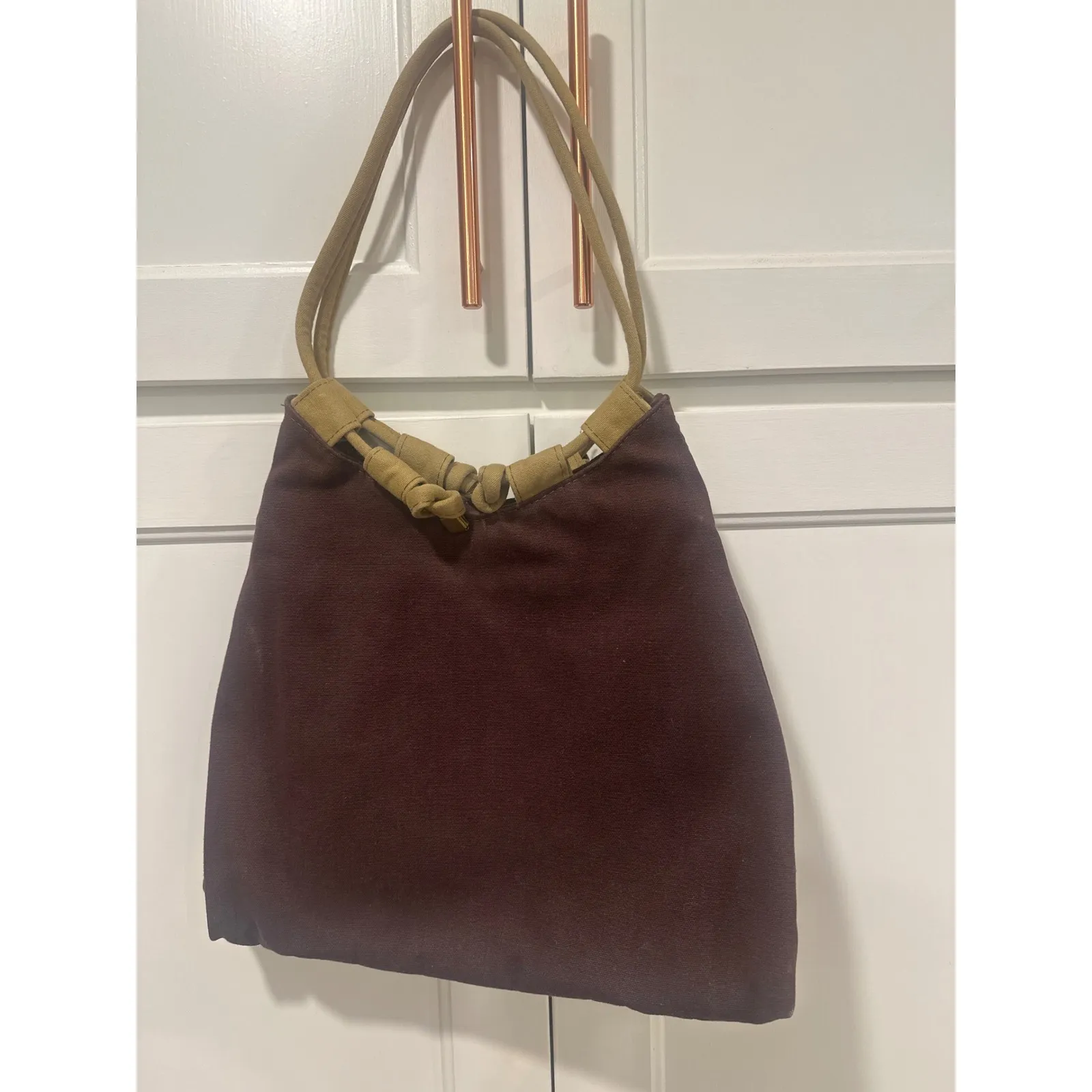 FS Originals Brown Canvas Hobo Shoulder Bag With Tan handmade Accents VTG purse - Image 4