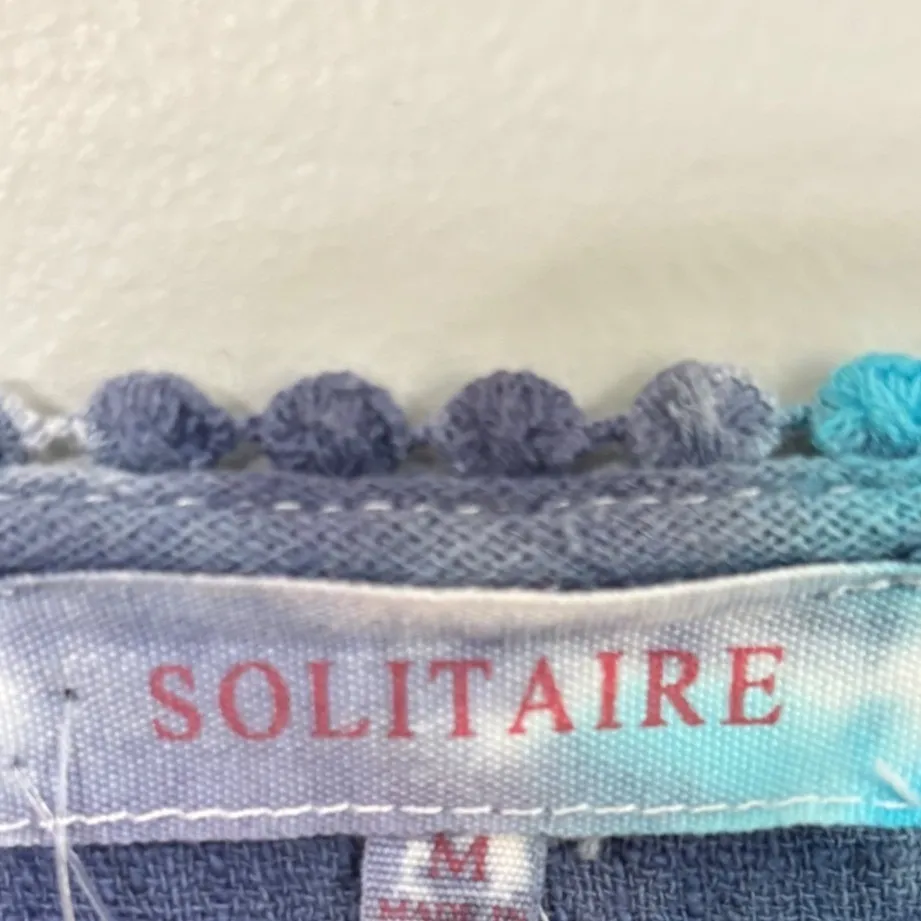 SOLITAIRE Top Womens M Tie Dye Lace Trim Tunic Blue Aqua Crochet Boho Hippy - Image 2
