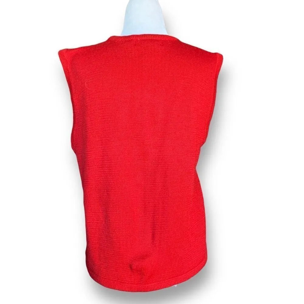 Vintage 90s Embroidered Sweater Vest Red Beaded Dark Floral Printed Knit Vneck Size M - Image 5