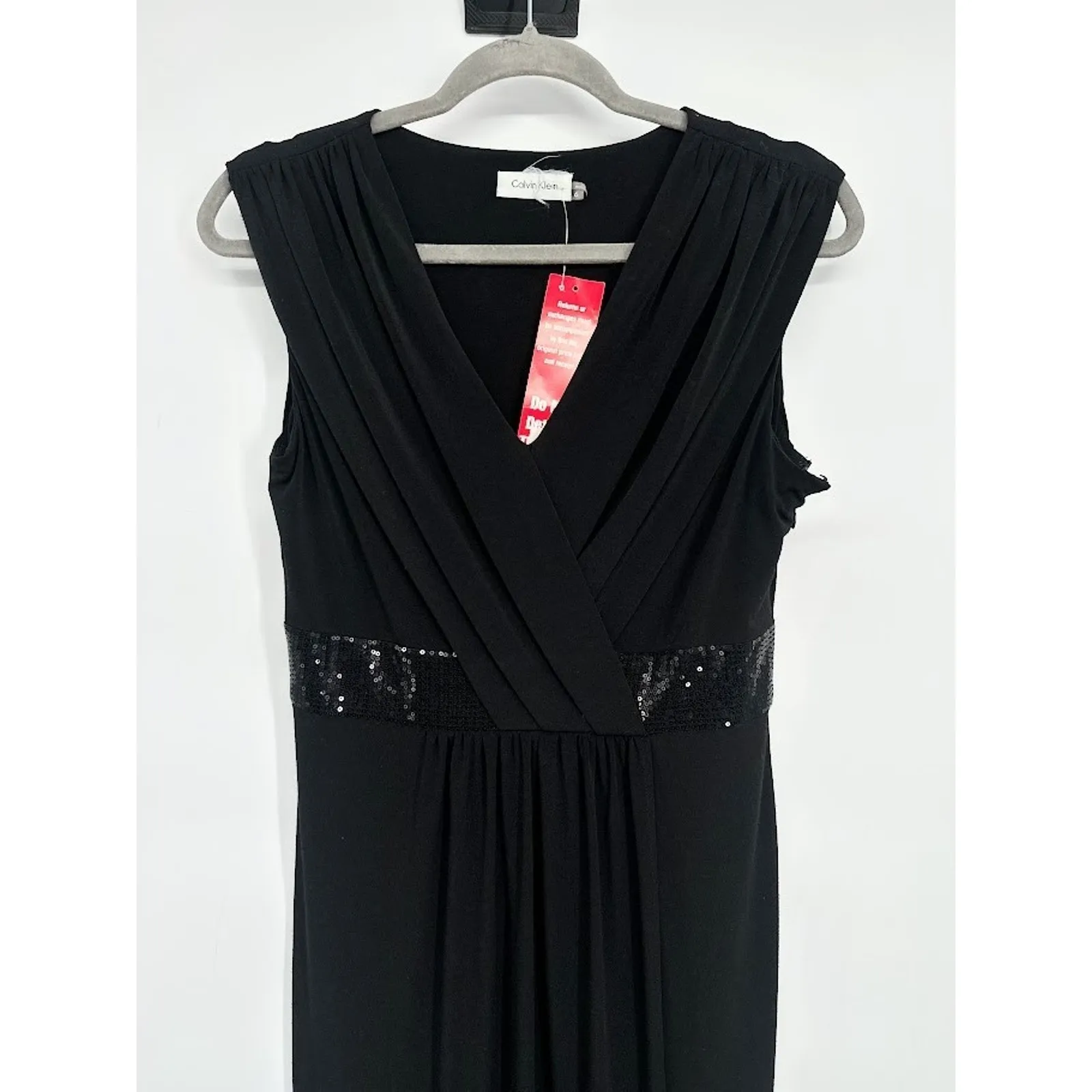 Calvin Klein Size 6 Black Formal Surplice Maxi Dress Sequin Waist Faux Wrap - Image 2