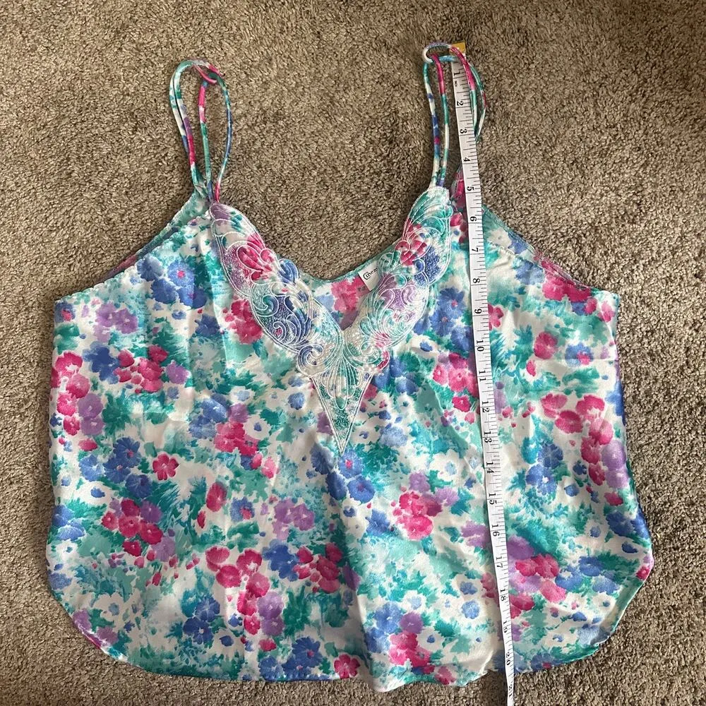 Cinema Etoile Vintage Satin Tank Top French Cut Blue Floral Lace Embroidered Size M - Image 11