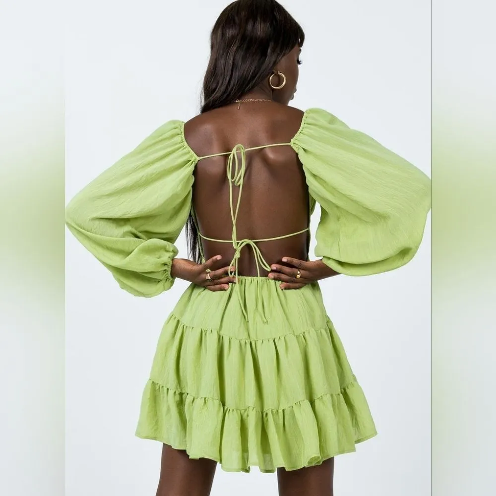 Princess Polly Green Danny Long Sleeve Open Back Tiered Fit & Flare Mini Dress 2 - Image 4