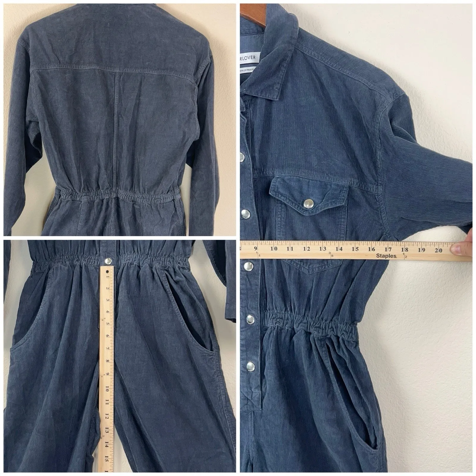 Overlover Blue Corduroy Jumpsuit M Elastic Waist Utility Workwear Made USA Size M - Image 4