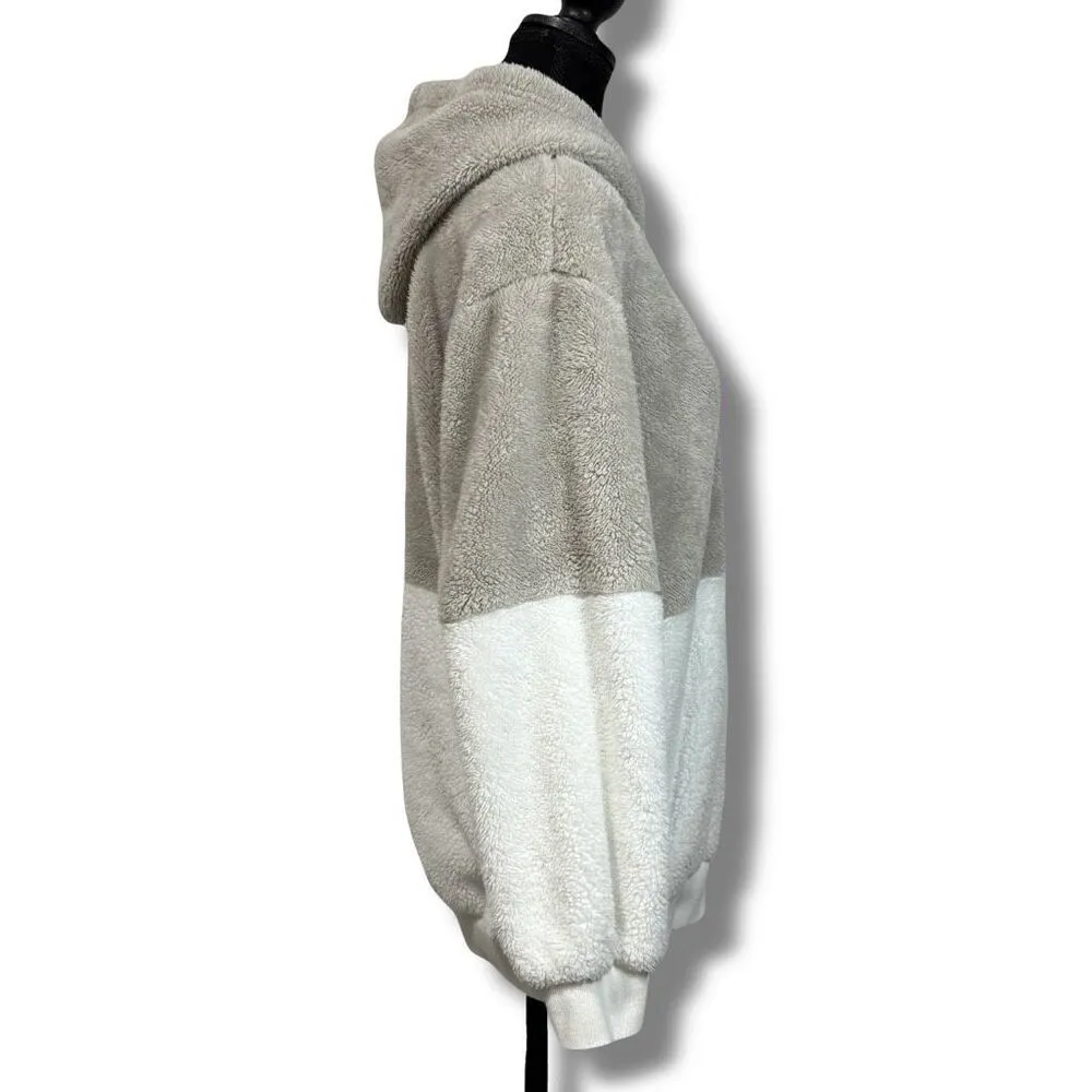 Color Block Fuzzy Quarter Zip Hoodie Sweatshirt Size Large Gray - Image 11