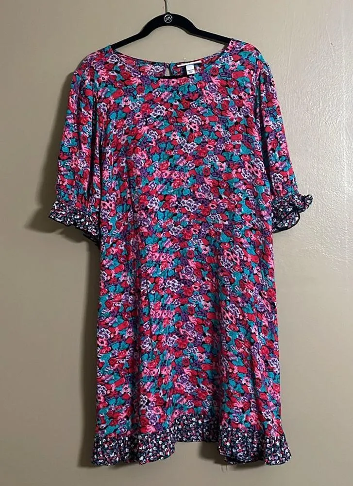 RIXO Dress Sz 20/22W Green/Red Floral Puff Sleeves Back Tie Vacation Feminine Green - Image 4