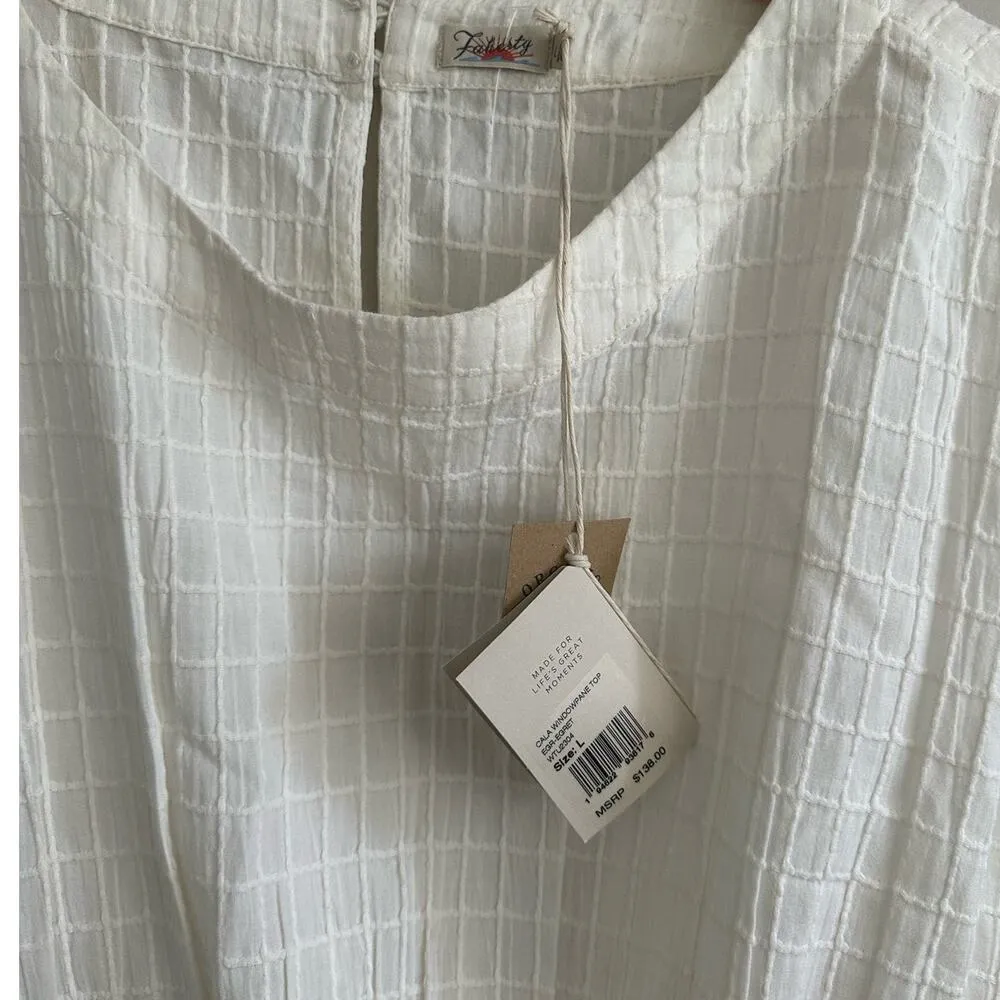 Faherty Cala Windowpane Short Dolman Sleeve Cropped Crew Neck Ivory Top Large - Image 6