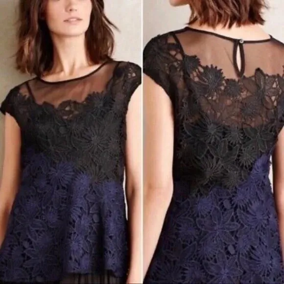 Deletta Anthropologie Garden Guise Black and Navy Lace Top Size Small - Image 2