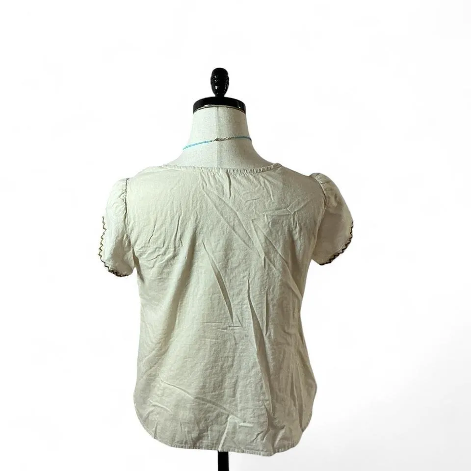 Embroidered Bohemian Top Short Sleeve Blouse Cream‎ Green Size M - Image 2