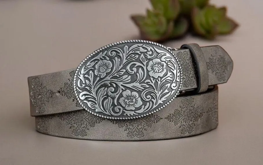 Gray Fashionable Embossed Faux Leather‎ Belt Oval Flower Leaf Buckle Stylish - Image 10