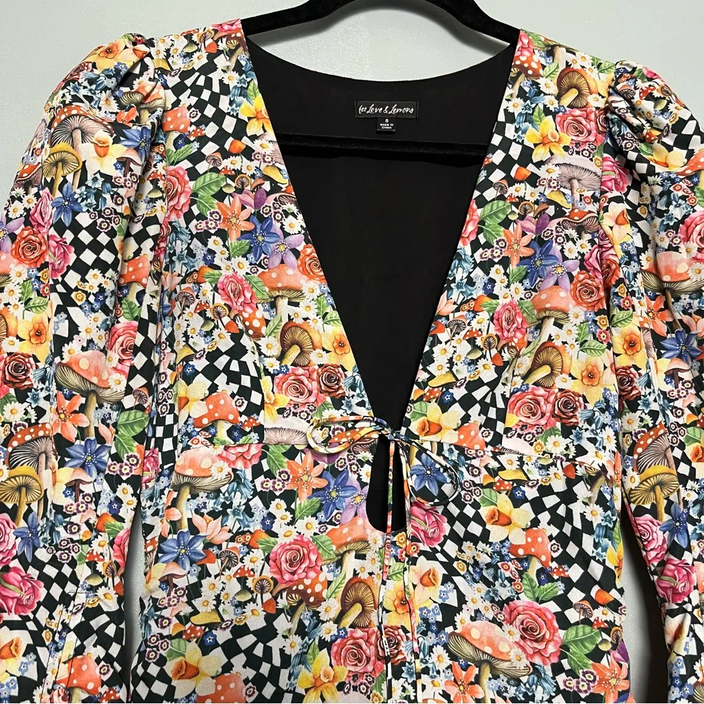 For Love & Lemons June Mushroom Wonderland Bell Sleeve Ruched Mini Dress Size S - Image 3