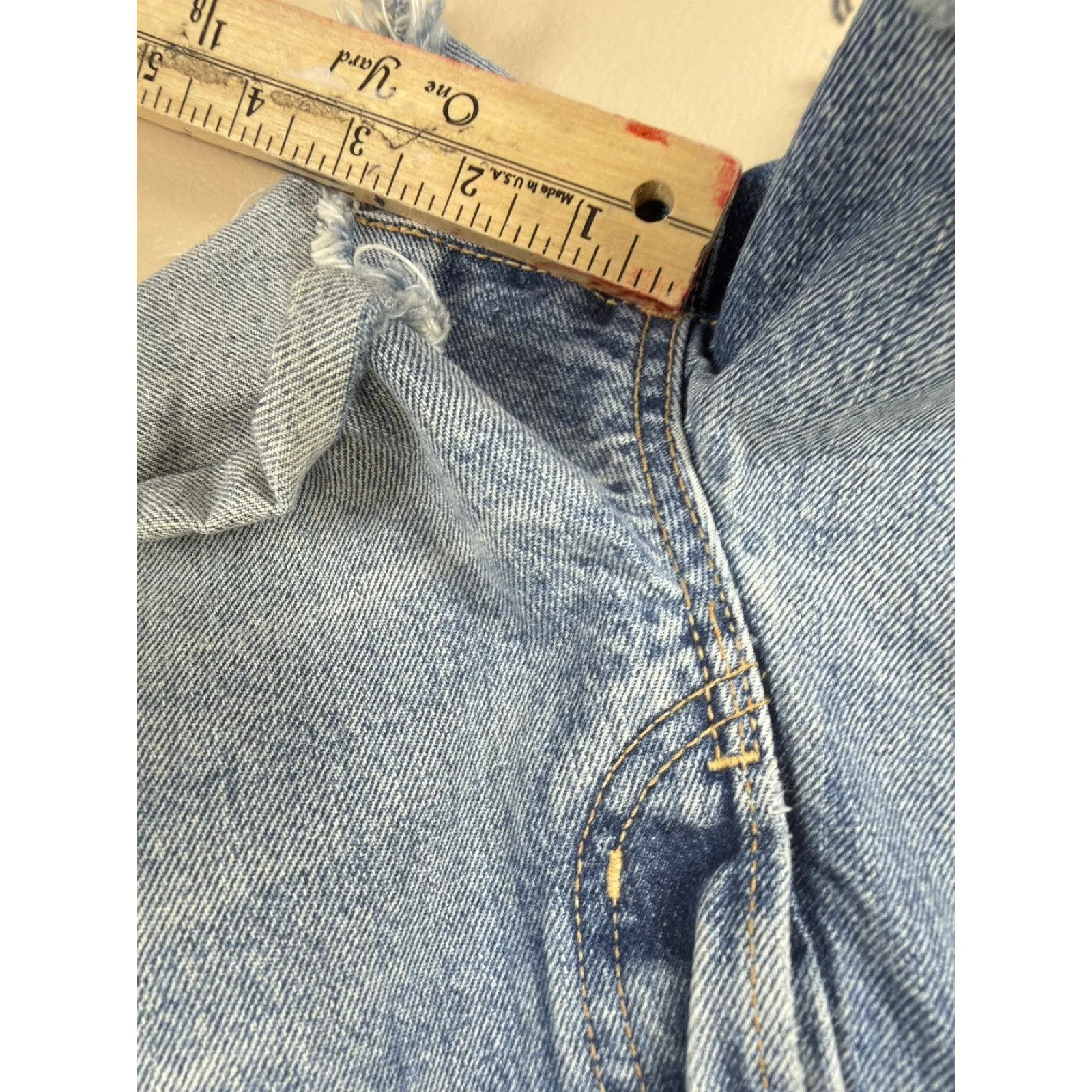 Moussy Vintage Medium Blue Distressed Ripped Jeans Size 28 Raw Hem Made in Japan - Image 10