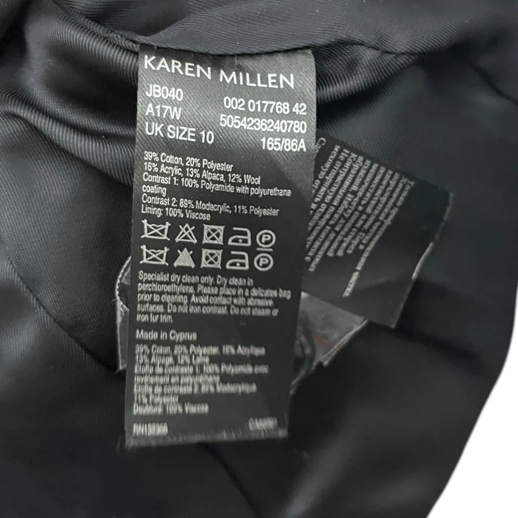 Karen Millen Wool Blend Coat Women’s US 4 Black White Faux Fur Collar Zip Moto - Image 11