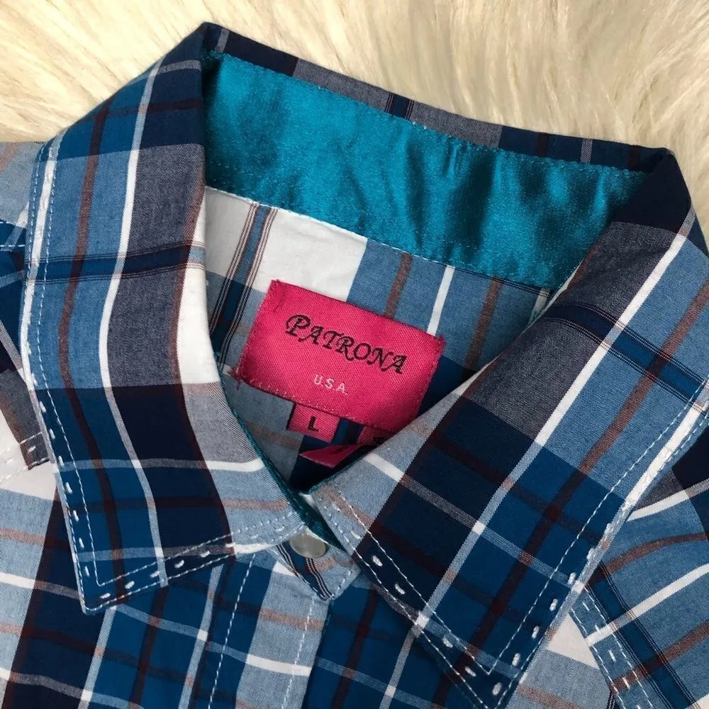 Patrona USA turquoise/navy plaid pearl snap sz LG Blue - Image 2