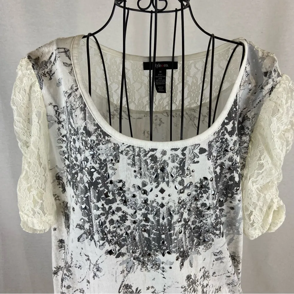 Style & Co Cream and Black Dandelion Wishes Top with Lace Sleeves Size Medium - Image 43
