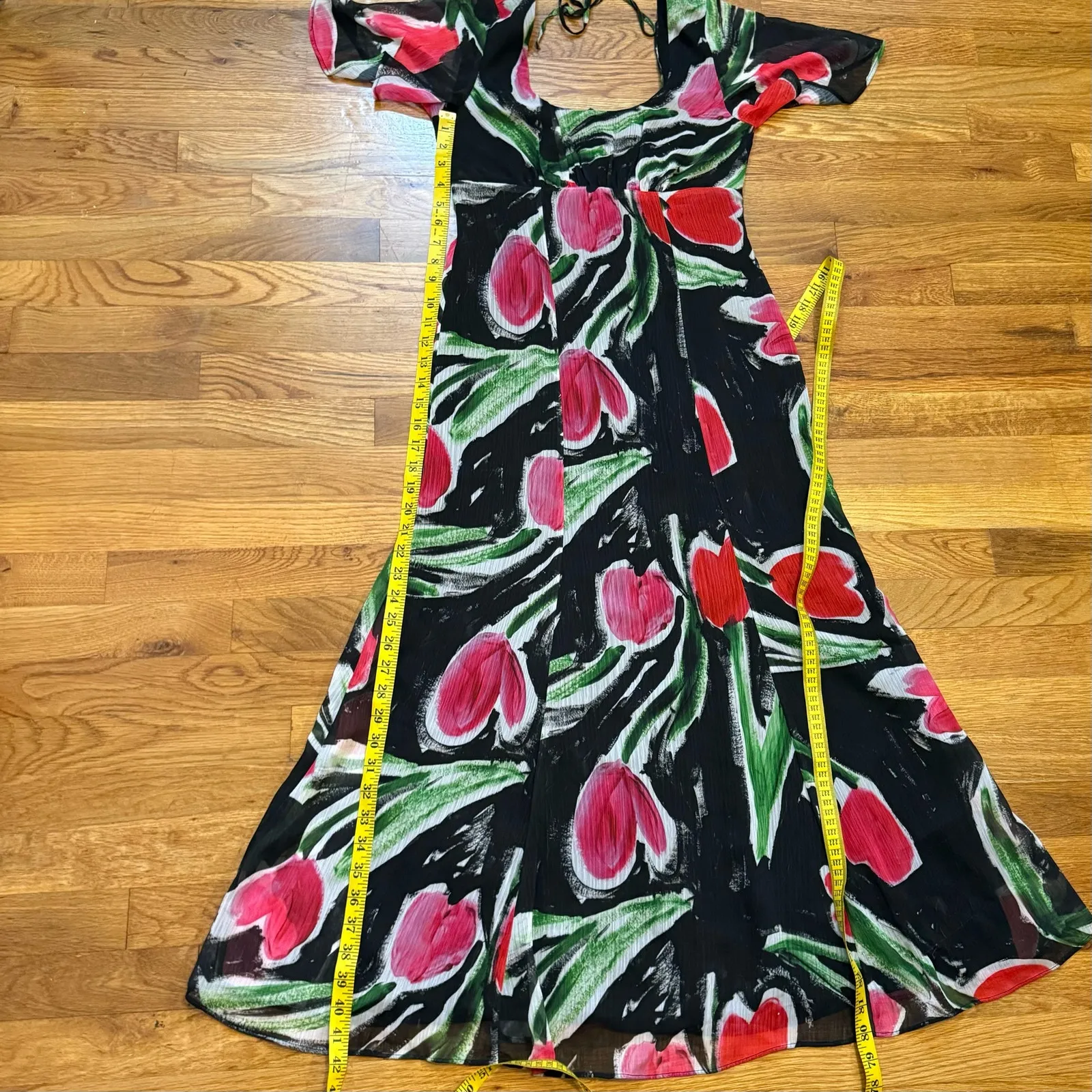 TopShop Women’s 2 Flower Flutter Sleeve Dress Black Red Tulip Floral Midi Dress - Image 7