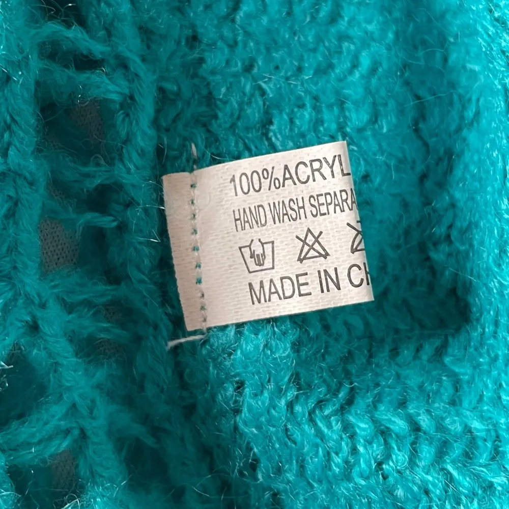 Fishnet Knit Button Up Cardishawl, Teal, Blue, OS - Image 5