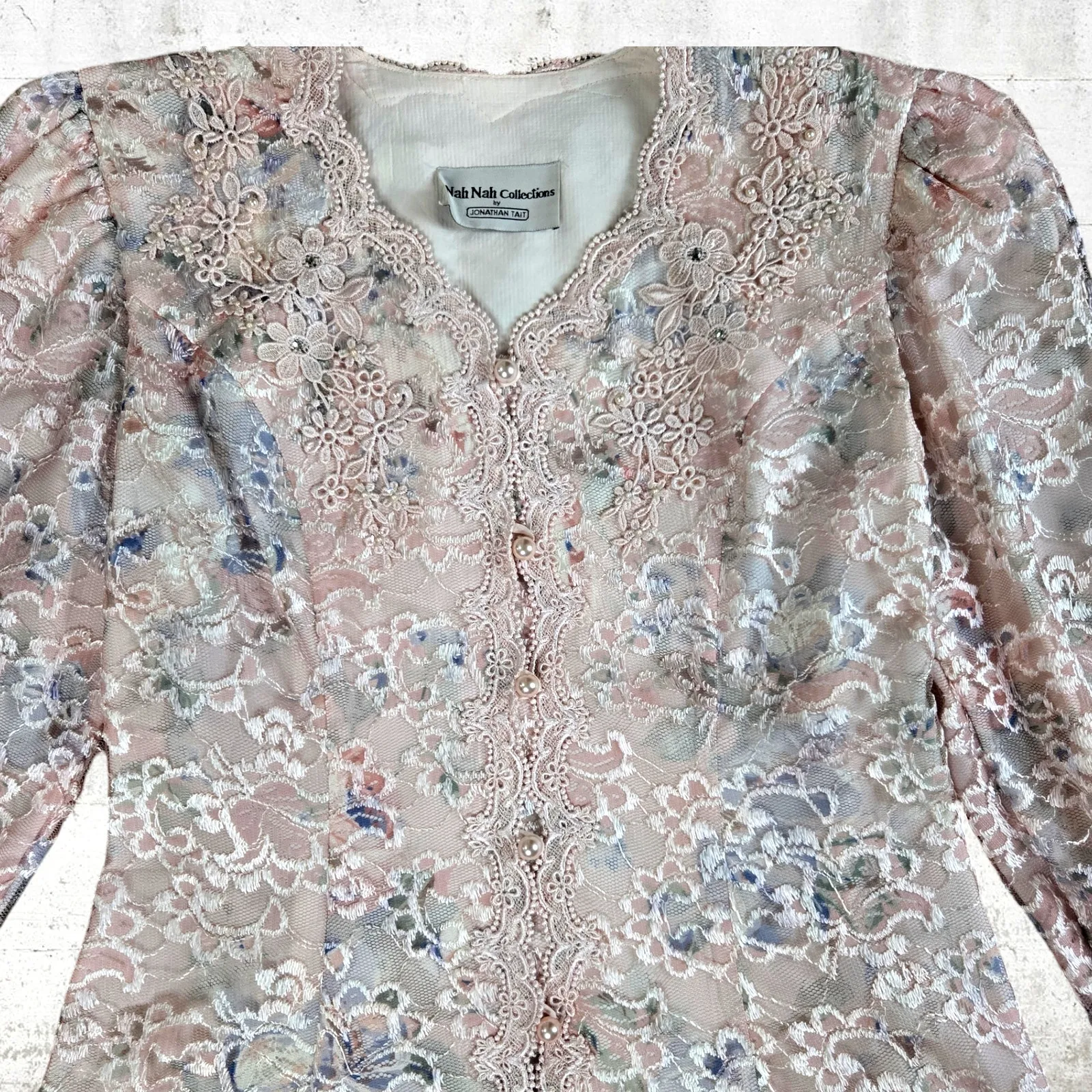 80s Vintage Pastel Pink Floral Lace Embellished Romantic Blazer Jacket Size 8 - Image 3