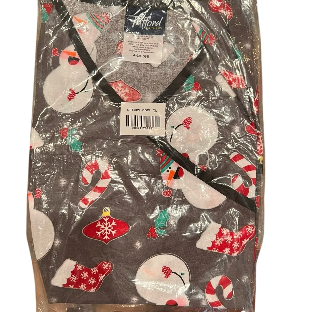Snowman Stockings Holly Candy Canes Ornaments Christmas Scrub Top Grey X Large Gray Size XL - Image 3