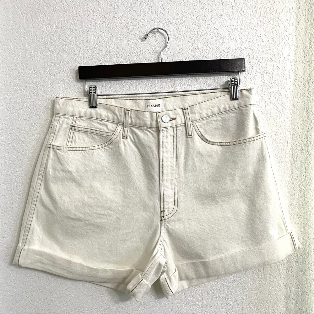 FRAME DENIM Womens Shorts High-Rise Ecru Cuffed Hem Ivory Cotton Size 32 - Image 2